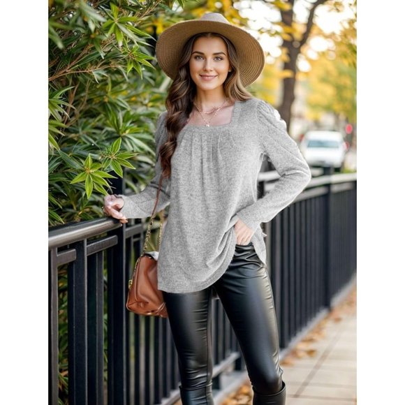 Womens Lightweight Puff Sleeve Pleated Square Neck Tunic Sweaters Shirts - Picture 2 of 5